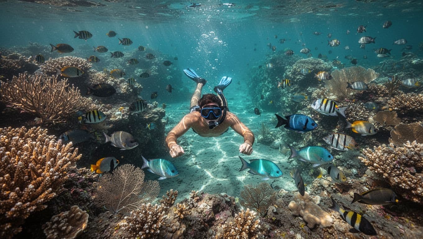 A snorkeler explores a thriving coral reef filled with schools of tropical fish in crystal-clear turquoise waters off Big Island, Hawaii, with dramatic sunlight caustics illuminating branching corals and sea fans.
