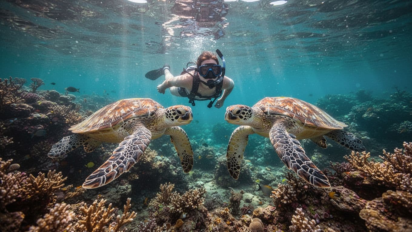Snorkeler floating face down views two Hawaiian green sea turtles gliding near vibrant coral reef at Turtle Canyon off Oahu, in clear turquoise water with sunlight shafts and dramatic cinematic lighting.