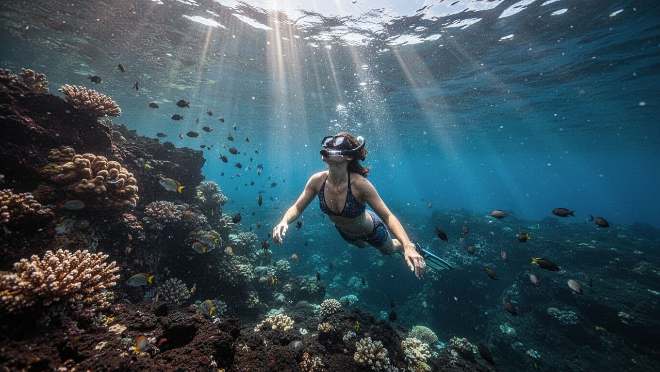 A snorkeler follows a volcanic reef through clear blue water beneath bright sunlight.