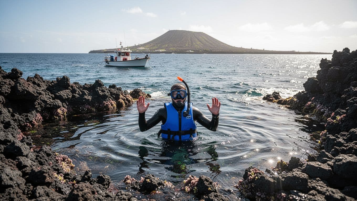 Snorkeler surfaces near lava rock reef edge in calm water, safety vest on boat in background.