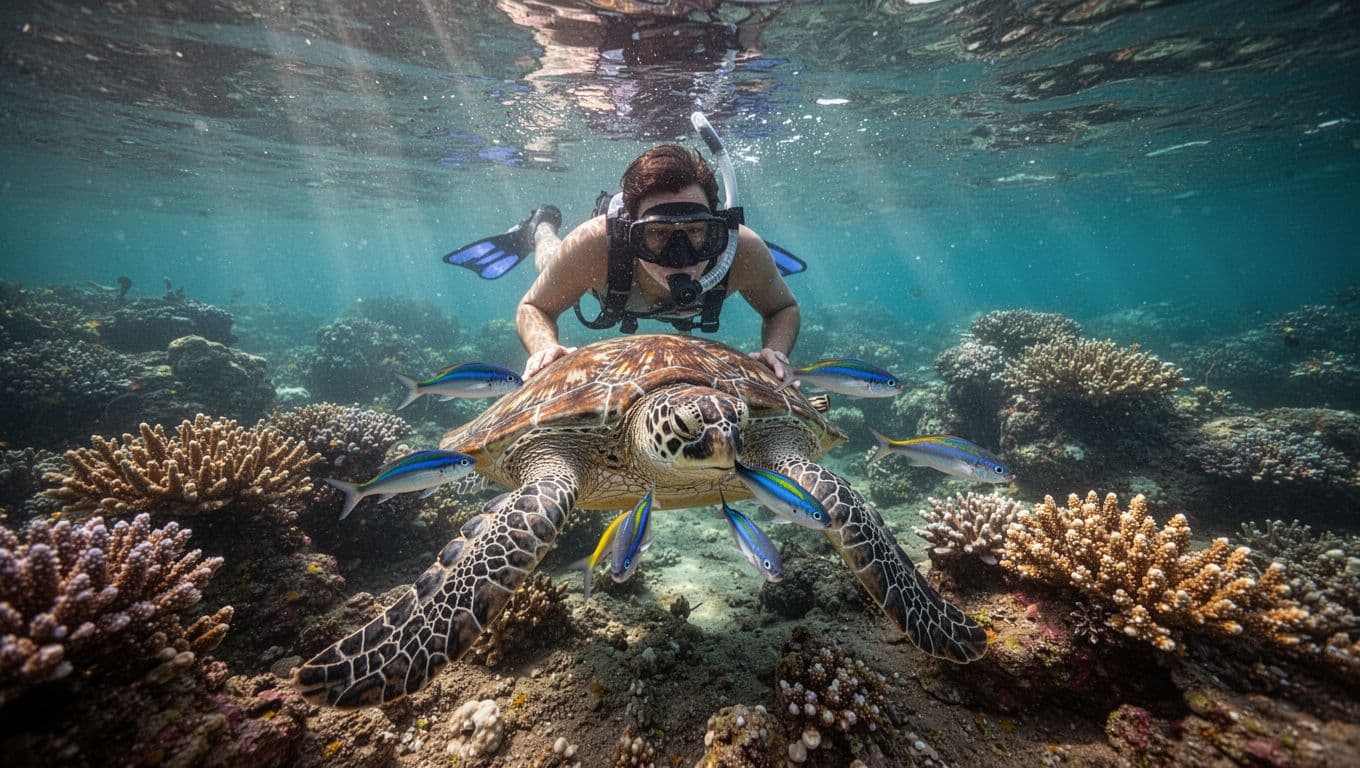 Snorkeler floats face down in clear turquoise water above Turtle Canyon Oahu reef, viewing a Hawaiian green sea turtle being cleaned by three small bluestreak wrasse amid coral backdrop and sunlight rays.