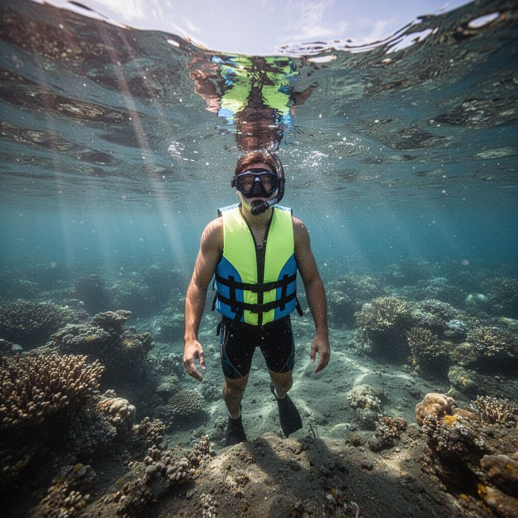 A single snorkeler floats peacefully on the surface of clear blue water wearing a bright safety vest.