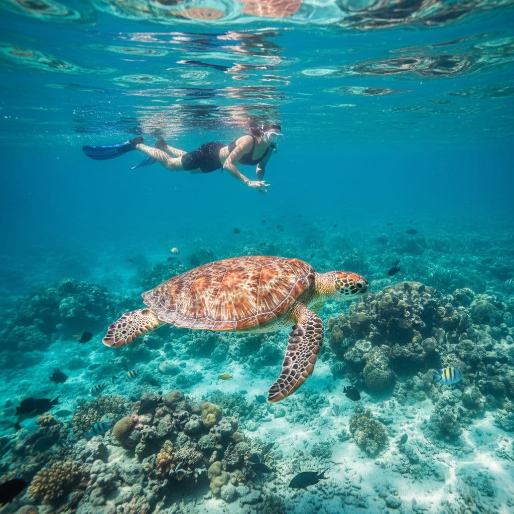 A person snorkels in bright, clear Hawaiian water above a swimming green sea turtle.