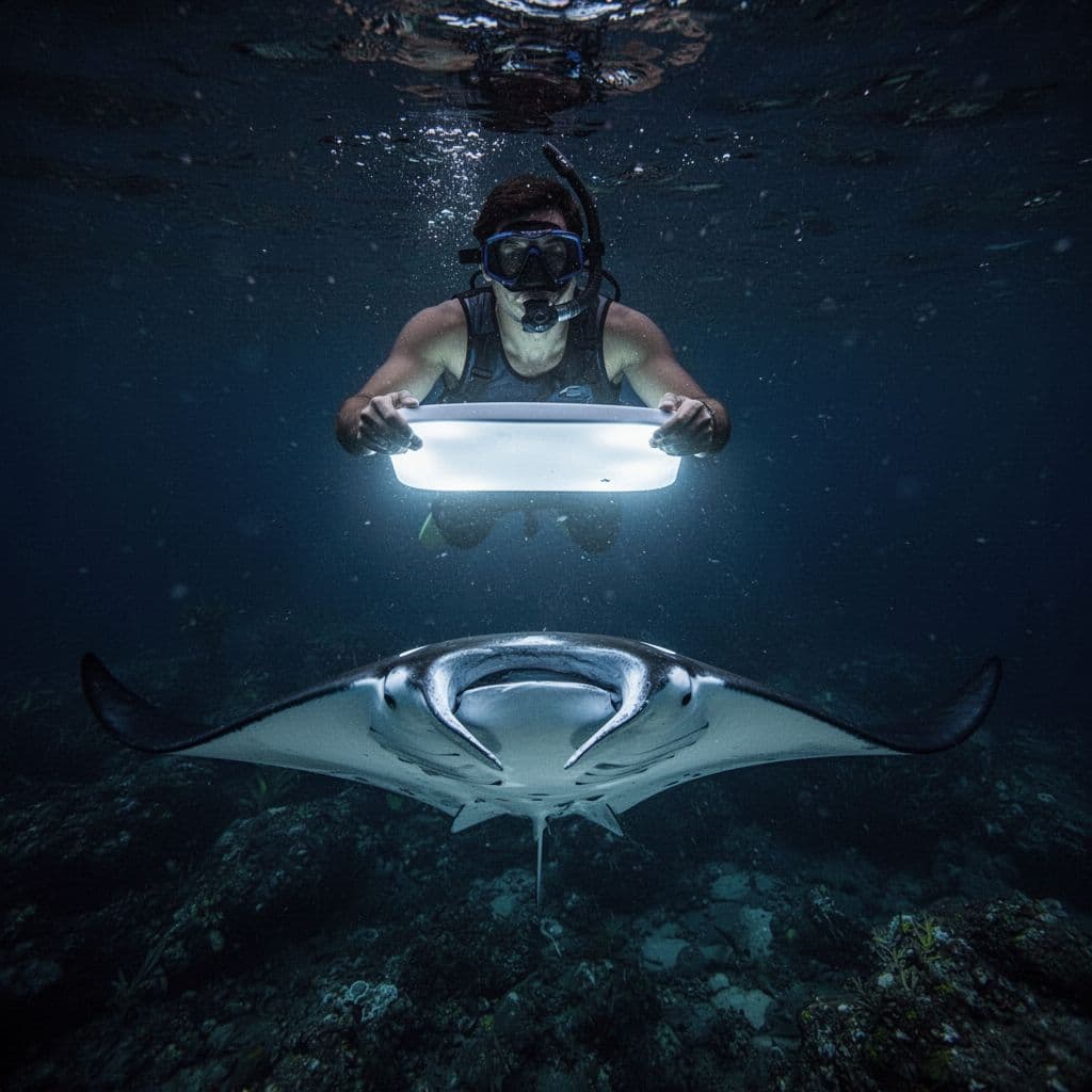 A snorkeler holding a glowing board observes a large manta ray swimming in deep tropical water.
