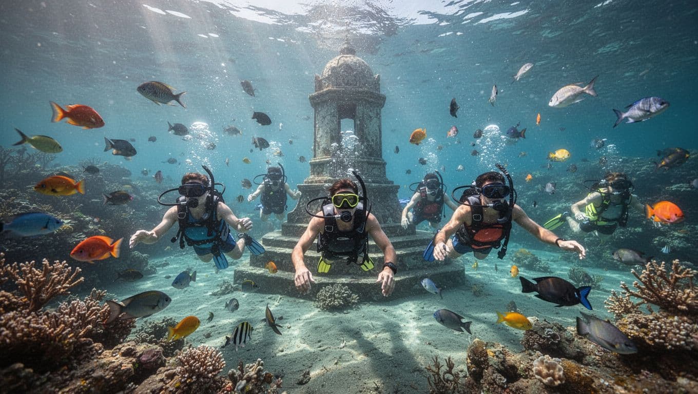 A group of snorkelers explores the clear turquoise waters near the Captain Cook monument in Kealakekua Bay.