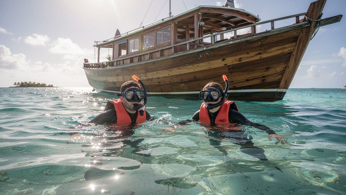 A group of snorkelers in yellow safety vests and masks drift peacefully in the clear turquoise waters of Turtle Canyon. A large, stable vessel floats nearby under bright tropical sunlight.