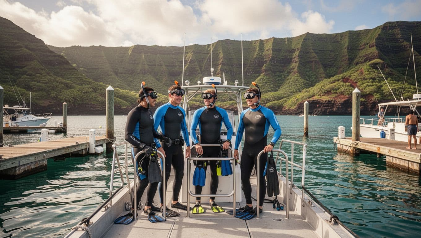 A group of four adults boards a small adventure boat at Honokohau Marina on Big Island, Hawaii, with calm turquoise ocean and lush green volcanic cliffs under partly cloudy skies, depicting safe departure conditions for a Captain Cook snorkel tour.
