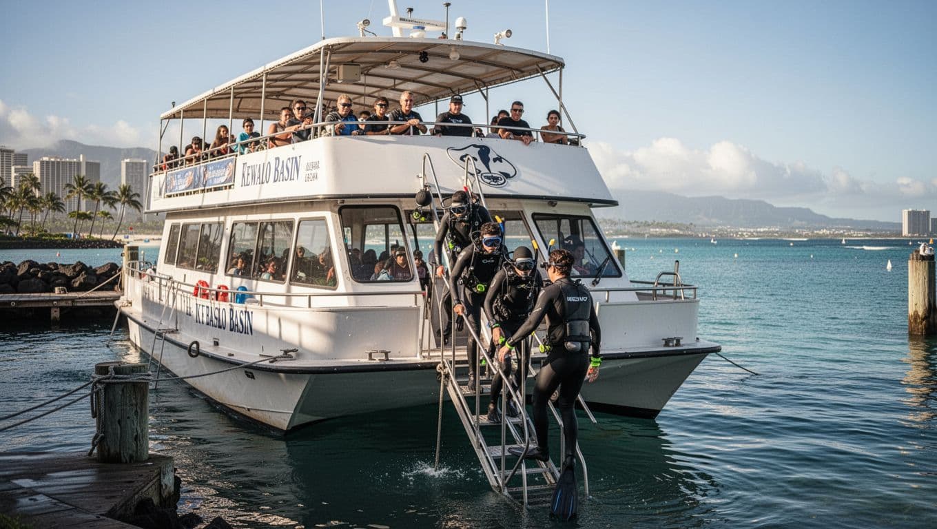 Three snorkelers with gear board the ladder of a double-decker tour boat at Kewalo Basin Harbor in Honolulu Oahu, with Waikiki beach on the distant horizon, calm blue ocean, cinematic style with dramatic morning sunlight.