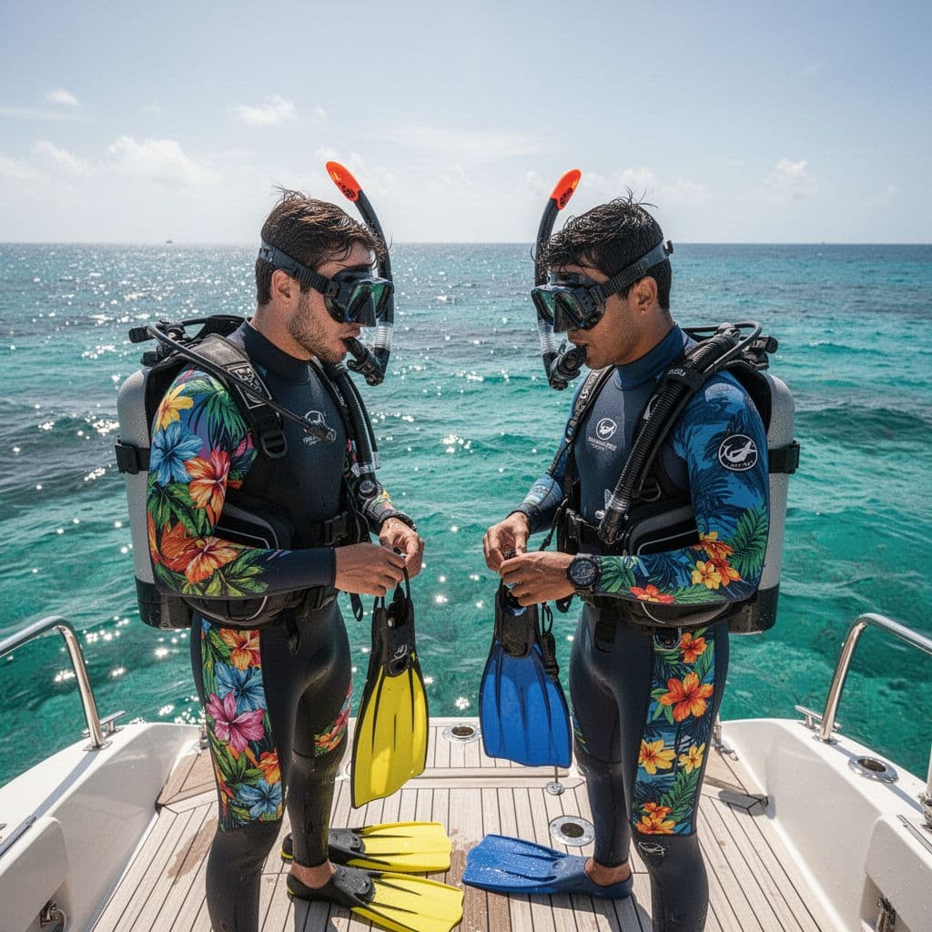 Two snorkelers in tropical gear verify their safety equipment on a boat deck before entering the ocean.