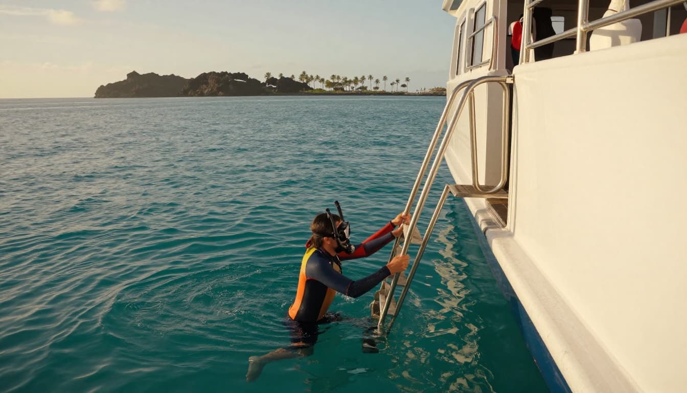 Two snorkelers in colorful wetsuits carefully ascend a sturdy stainless steel ladder from clear turquoise ocean water onto a white tour boat, with volcanic cliffs and palm trees in the background under dramatic golden hour lighting.