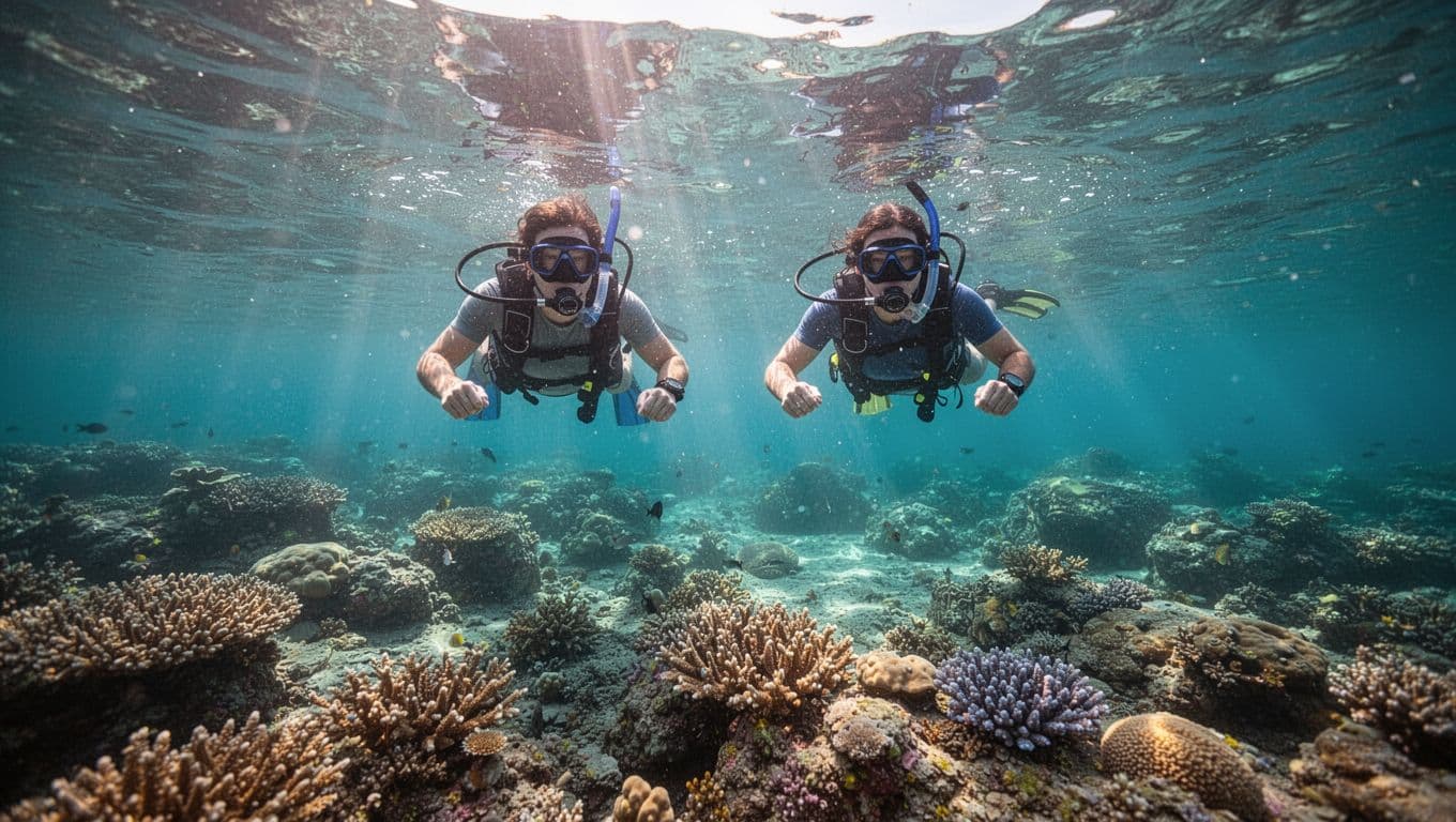 Two snorkelers float above a coral reef in clear turquoise water.
