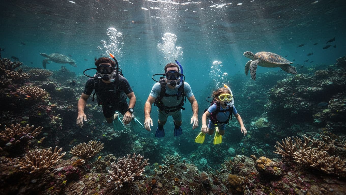 Three snorkelers in loose line formation drifting with ocean current at Turtle Canyon reef: adult leader, adult, and child follower, near coral and distant turtles in turquoise water.