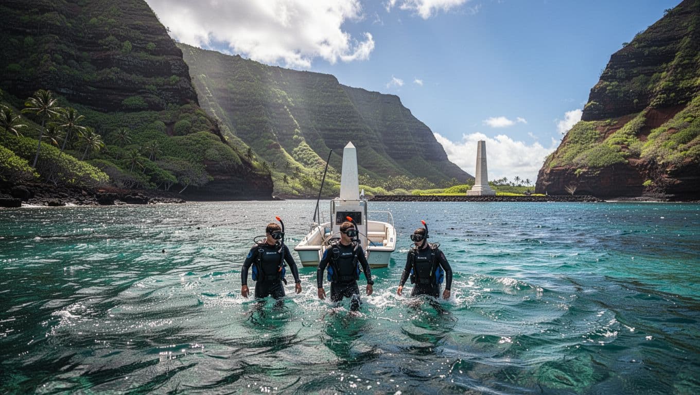 View from a boat of exactly three snorkelers gearing up and entering the rippling turquoise waters of Kealakekua Bay, with distant Captain Cook monument on the lush green volcanic cliffs of Big Island, Hawaii, cinematic dramatic lighting.
