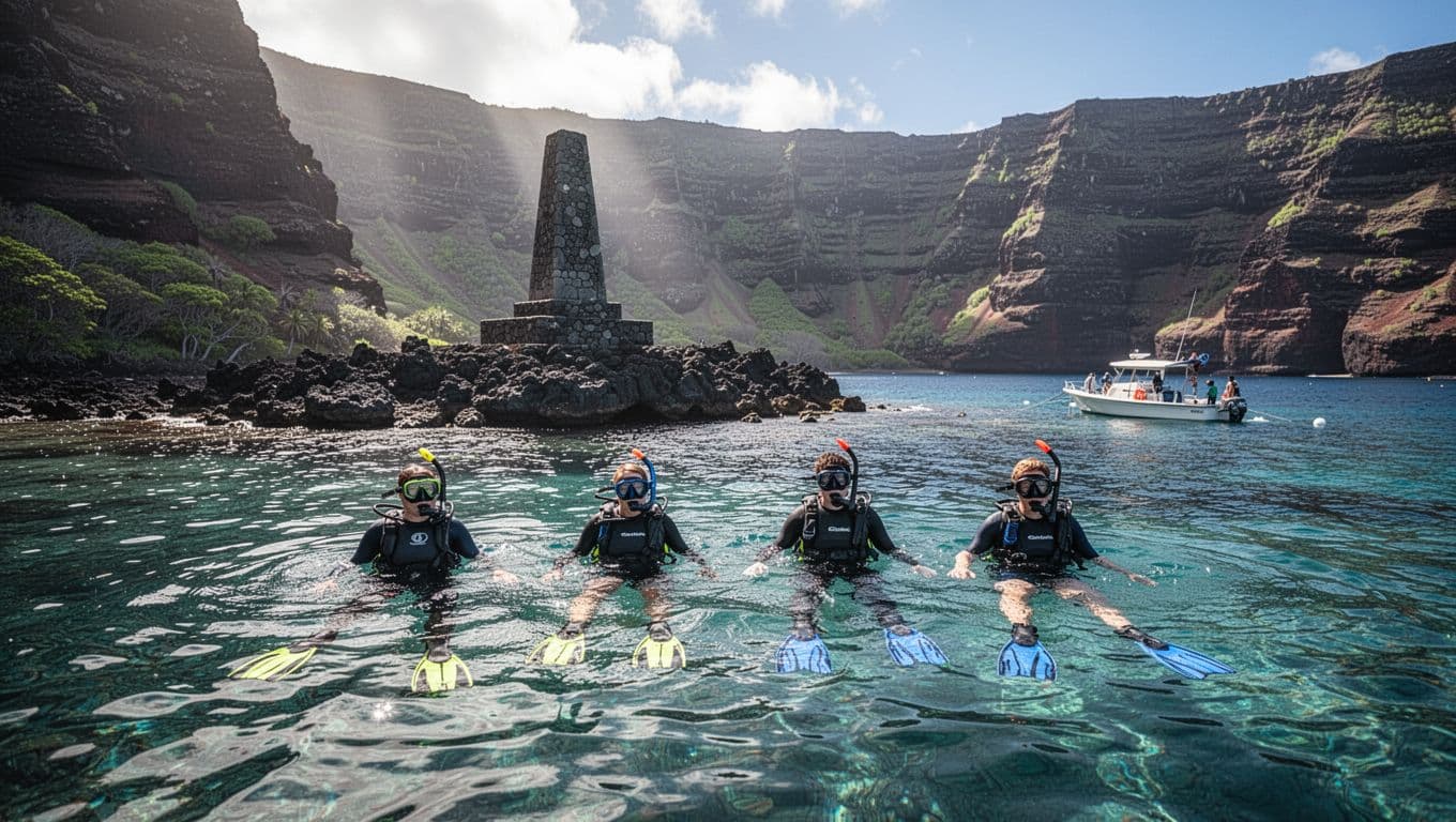 A small group of four snorkelers with masks and fins enters the crystal-clear turquoise waters of Kealakekua Bay near the Captain Cook Monument, with dramatic volcanic cliffs in the background on a sunny day.