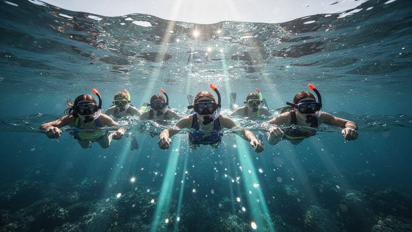 Several snorkelers wearing masks and breathing tubes float peacefully in bright, crystalline tropical water. Vibrant shafts of sunlight penetrate the surface, creating a sparkling cyan glow around the swimmers below.