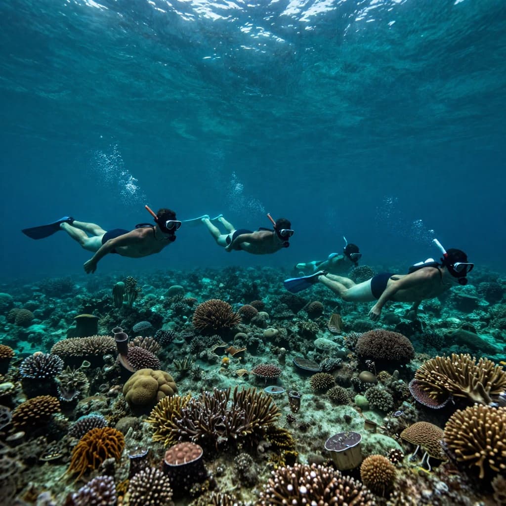 A group of snorkelers floats peacefully above a vibrant coral reef in clear blue tropical water.