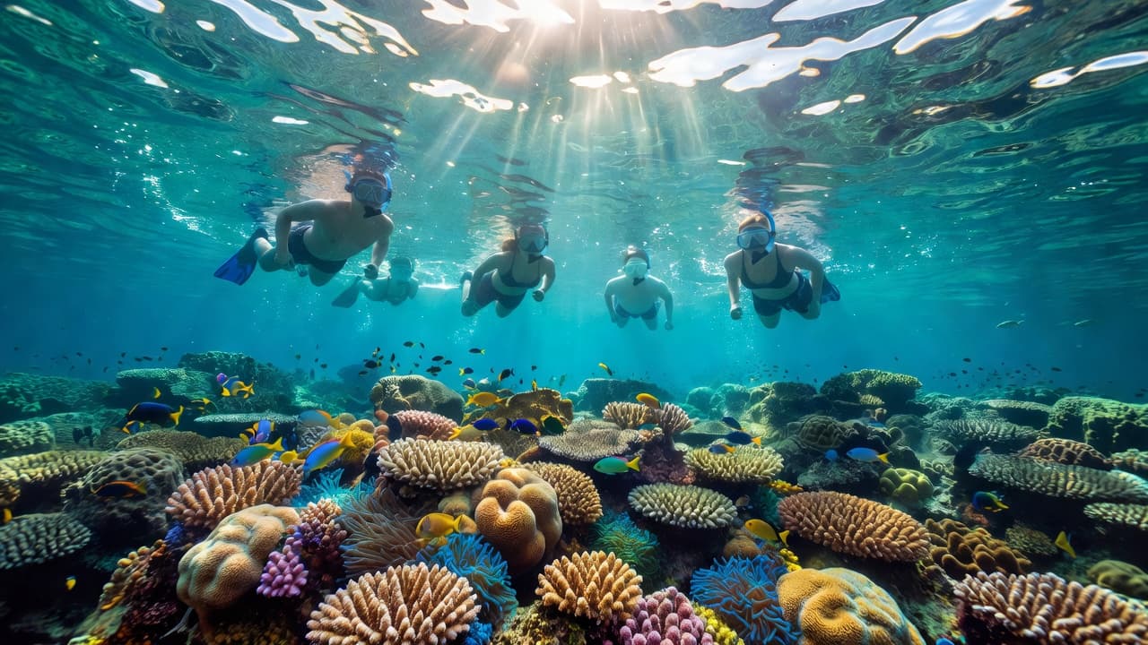 A small group of snorkelers drifts over a vibrant coral reef in crystal clear blue ocean water. Sunlight filters through the surface creating sparkling light patterns across the vivid underwater landscape.