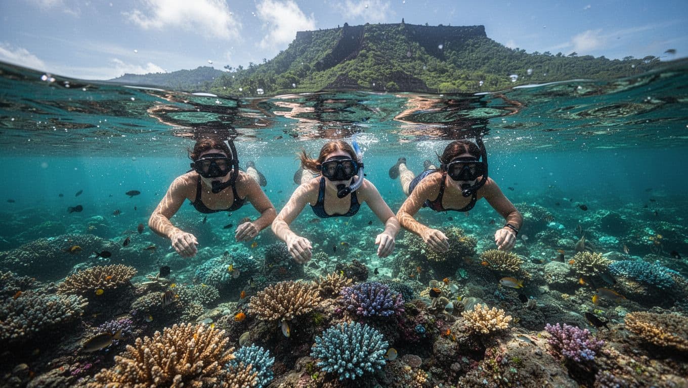 Snorkelers float over clear tropical water near a volcanic coastline while sunlight cuts through the surface.