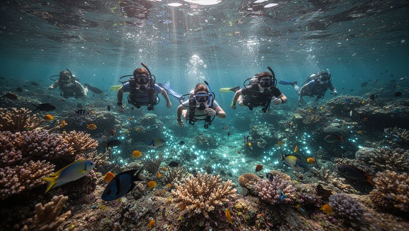 A group of snorkelers floats in clear cyan water above a vibrant coral reef. Sunbeams pierce the surface, illuminating colorful marine life and jagged rock formations in the shallow ocean floor.