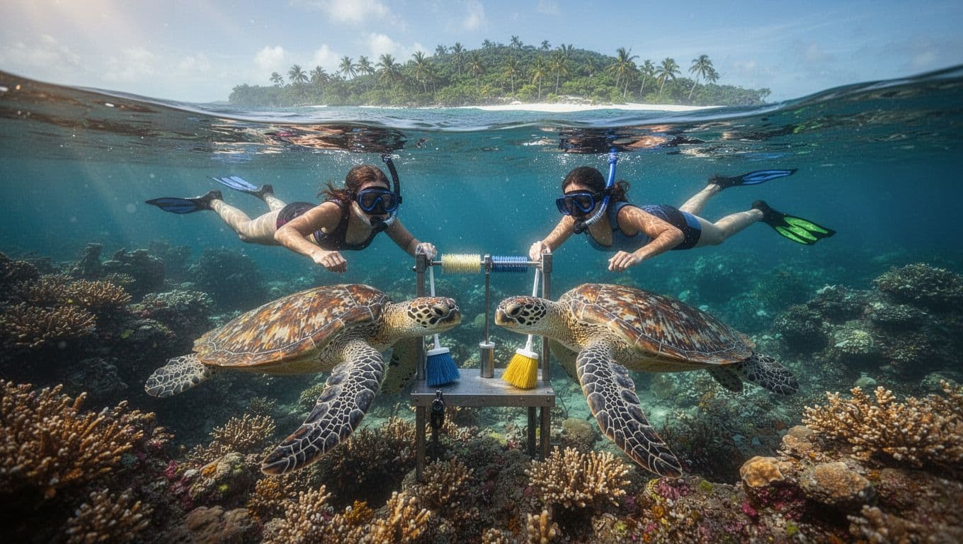 Two snorkelers swim alongside two Hawaiian green sea turtles at a vibrant coral reef cleaning station off the Waikiki Oahu coastline, with dynamic underwater composition and cinematic lighting in warm tropical blues and greens.