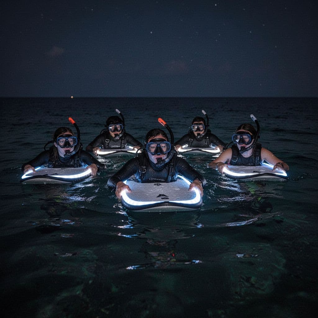 Four snorkelers float on the dark water surface, holding onto a brightly glowing LED board.