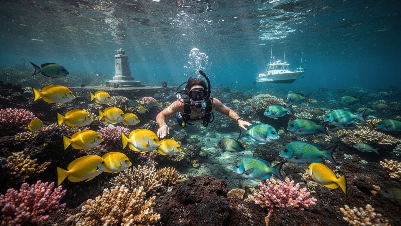 Three snorkelers discover a colorful coral reef in crystal-clear Kealakekua Bay, surrounded by schools of tropical fish like yellow tangs and parrotfish, with dramatic underwater lighting and the distant Captain Cook monument.