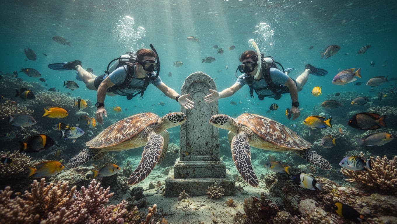 Two snorkelers with masks and fins explore coral reefs and fish near Captain Cook Monument; one points at a sea turtle amid sunlight rays in turquoise water.