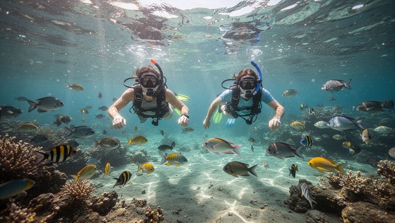 A group of snorkelers floats in the transparent, turquoise waters of Kealakekua Bay as beams of sunlight penetrate the surface. Colorful tropical fish swim near the group in the shallow reef.