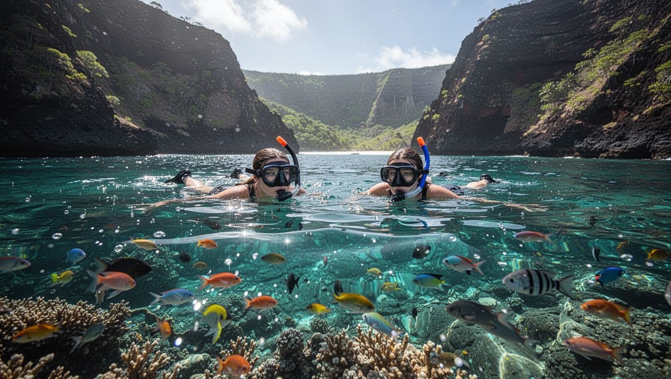 Several snorkelers float across the turquoise surface of a serene tropical bay. Below them, vibrant coral reefs are visible while massive volcanic cliffs tower dramatically in the distant background.