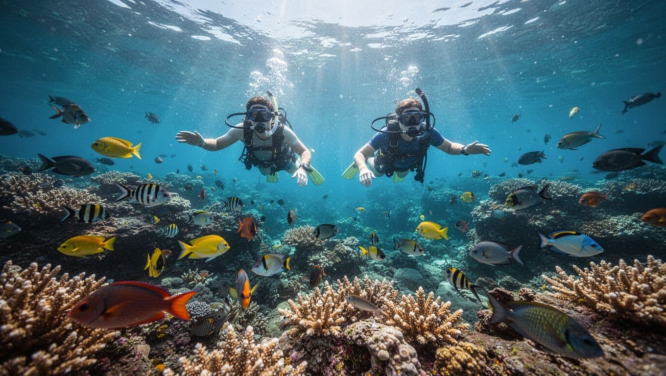 Group members explore vibrant coral reefs teeming with colorful tropical fish beneath crystal clear blue ocean waves. Sunlight penetrates the water surface, illuminating the intricate underwater landscape and marine inhabitants below.
