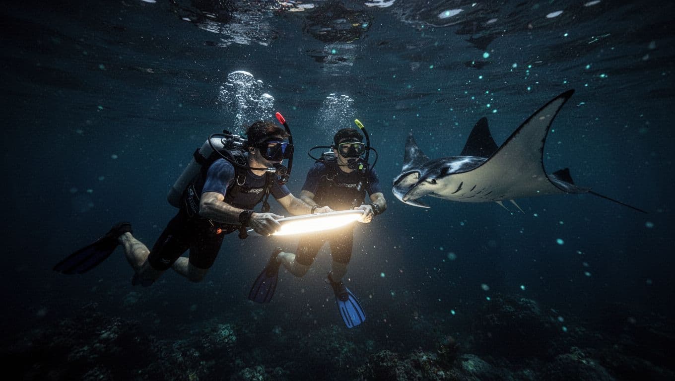 A group of snorkelers holds onto a floating board equipped with bright underwater lights while a large, graceful manta ray swims in the deep blue ocean during a dark night dive.