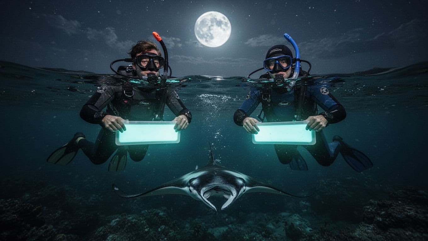 A group of snorkelers floats on the dark ocean surface, gripping a bright rectangular light panel that glows with cyan hues. Below them, the deep water remains mysterious and vast.