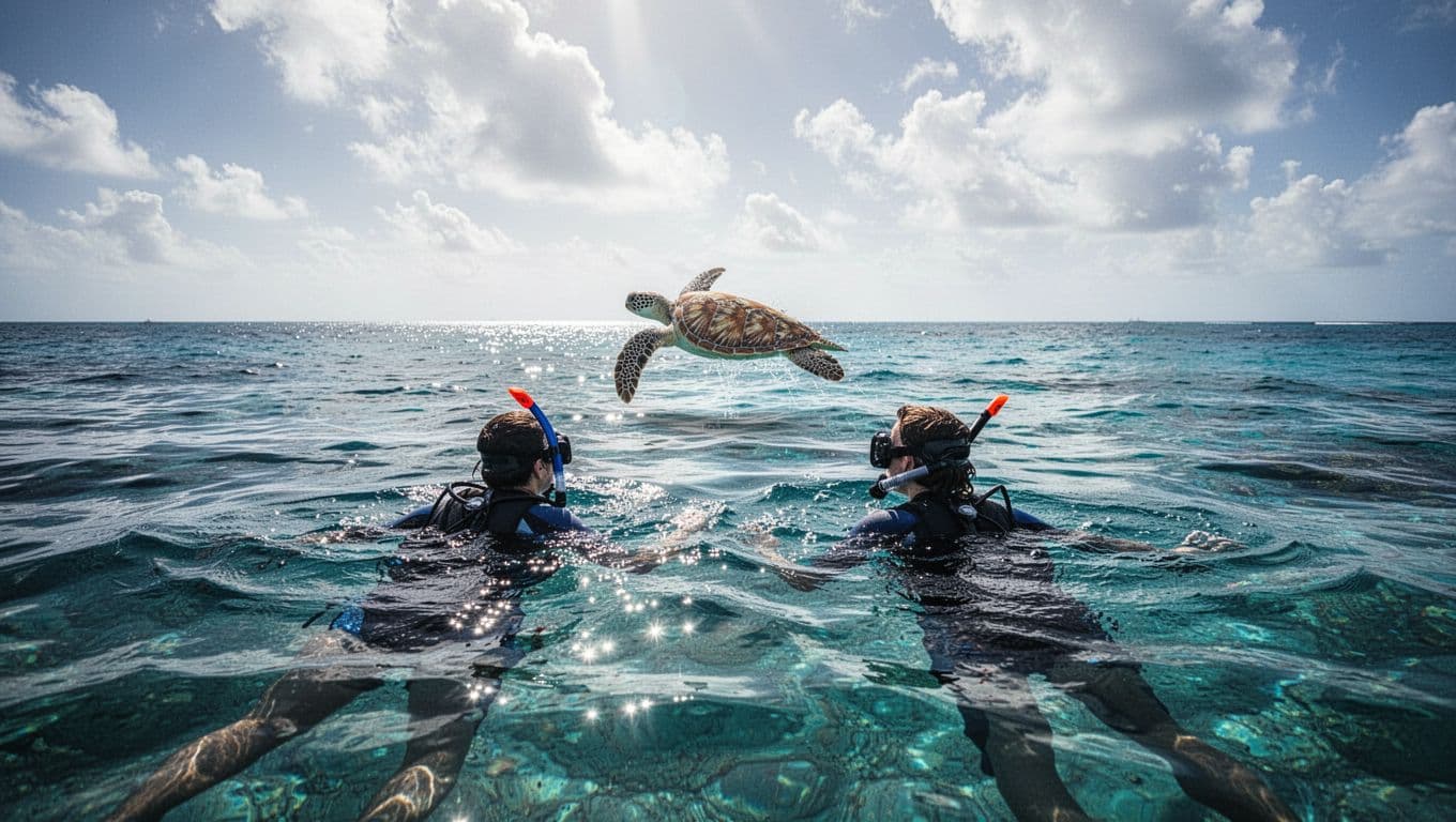 Three snorkelers float on the surface of crystal-clear turquoise water while observing a sea turtle swimming in the distance. The scene captures a peaceful underwater encounter within a protected reef environment.