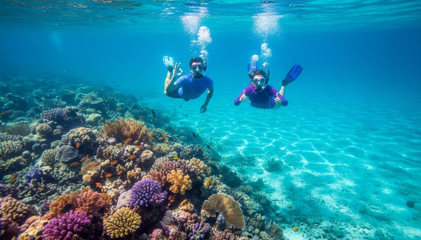 Two snorkelers in clear turquoise ocean water near a coral reef, one making the OK hand signal with thumb and forefinger, the other giving thumbs up, bubbles rising, dappled sunlight filtering through.
