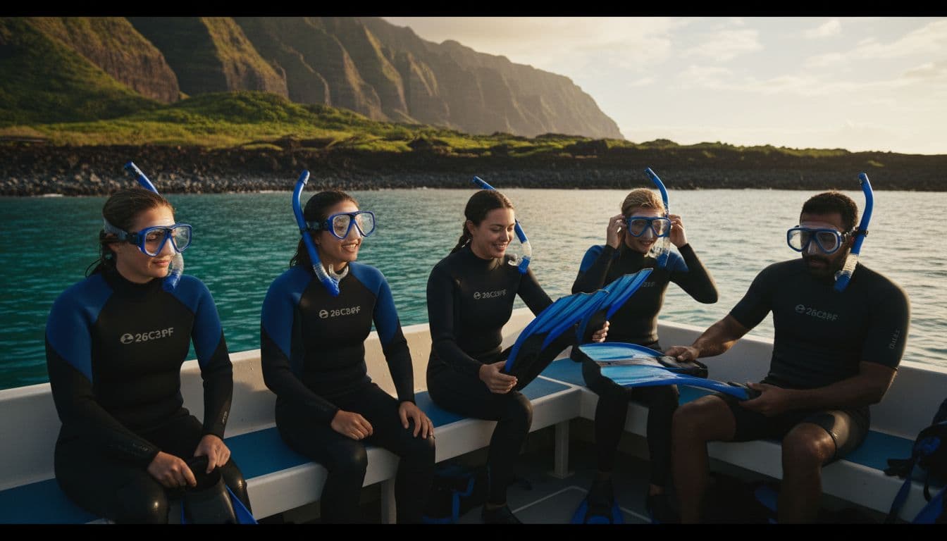 Five diverse snorkelers on a boat prepare gear as guide helps with fins at Kealakekua Bay amid calm sea and volcanic landscape.