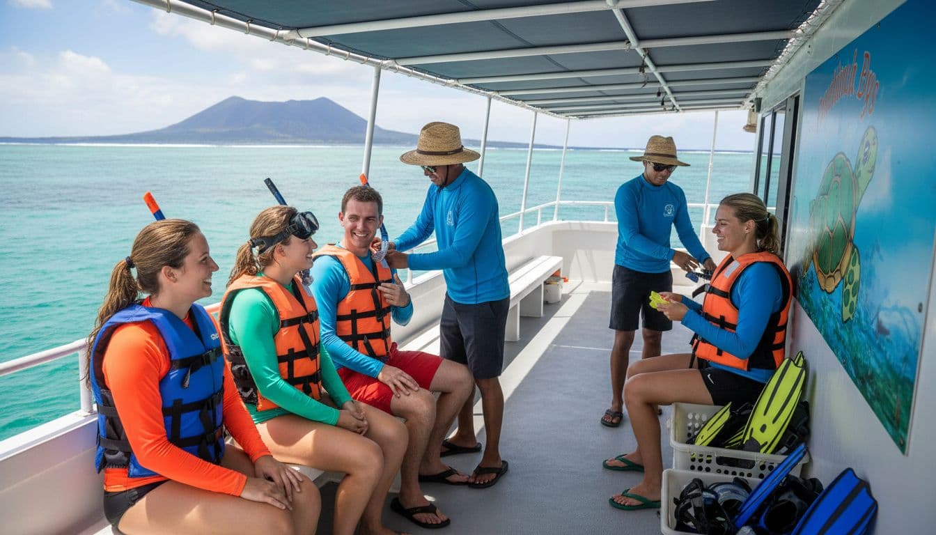 Group of three snorkelers and three crew members on the open deck of a double-decker boat, donning rash guards and life vests as crew assists with gear for Turtle Canyon snorkeling adventure, cheerful mood with ocean views and bright tropical lighting.