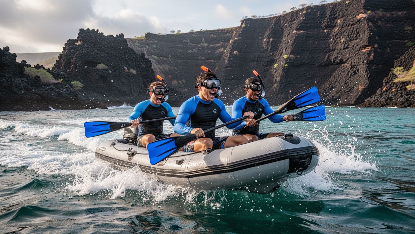 Adventurous snorkelers on a rigid inflatable raft boat speed across turquoise ocean waters toward dramatic black volcanic cliffs of Kealakekua Bay on Hawaii's Big Island, with excited expressions and dynamic morning lighting.