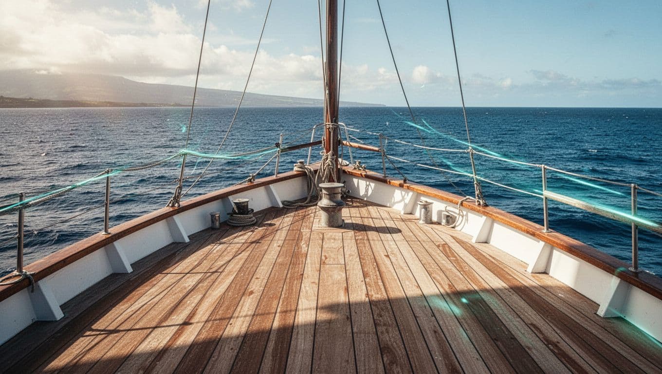 A group of snorkelers rests on a wooden boat deck in Kona, surrounded by gear and clear blue ocean waters. Soft sunlight illuminates the relaxed scene under a bright tropical sky.