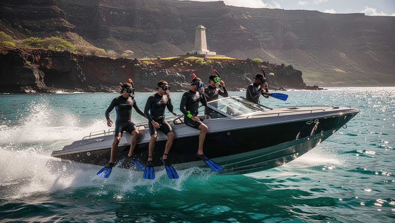 A small group of four snorkelers prepares masks and fins on the deck of a modern speedboat speeding toward Kealakekua Bay, with turquoise waters, distant Captain Cook Monument, and Kona coast cliffs in view, captured in dynamic cinematic style.