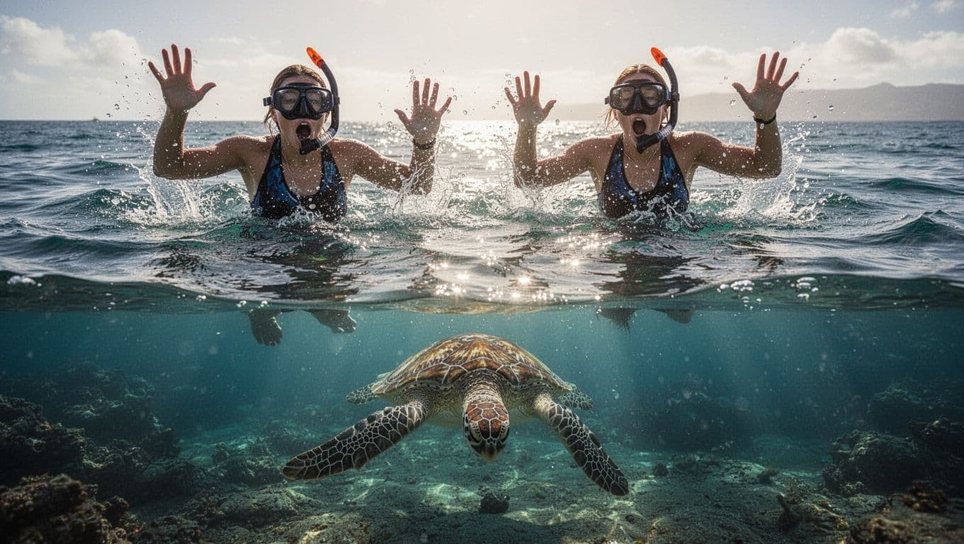 Surface-level ocean scene off Waikiki at Turtle Canyon, Hawaii, showing two snorkelers treading water, splashing loudly, waving arms, and shouting, while a Hawaiian green sea turtle dives deeper into blue water, alarmed by the disturbance.