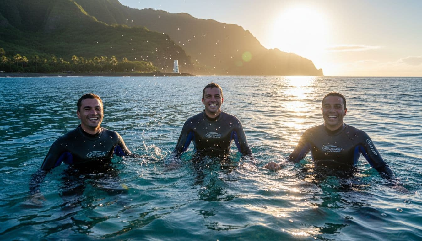 Three snorkelers in wetsuits surface smiling from clear blue water, distant green cliffs and low winter sun.
