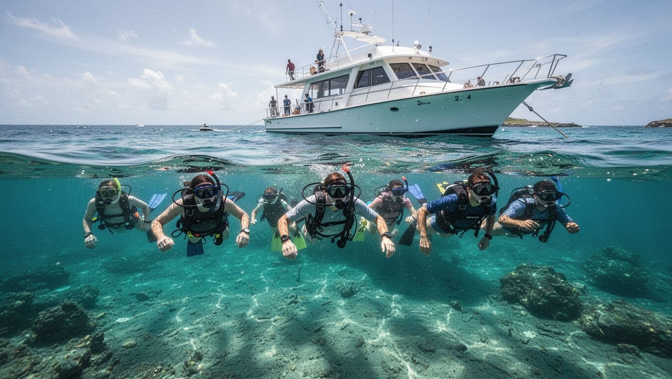 A group of snorkelers floats in calm turquoise water beside a boat under bright sky.