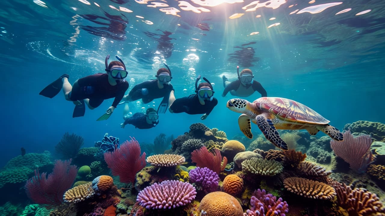 Group members in professional gear float over a vibrant Hawaiian coral reef as a green sea turtle glides gracefully past. Dramatic sunbeams pierce the crystal clear water from the surface above.