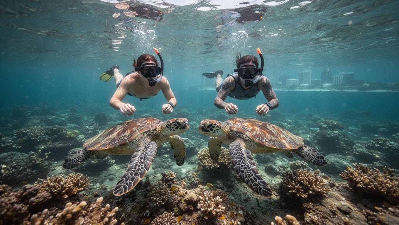 Two snorkelers swim alongside three green sea turtles near coral reef in turquoise water, sunlight beams and distant Waikiki shore.