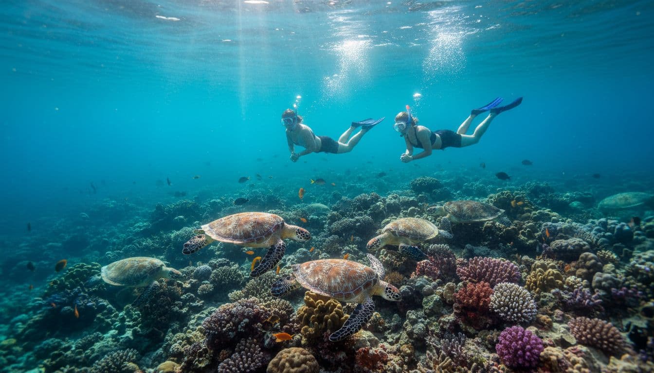 Two snorkelers swim near green sea turtles in turquoise water with sunbeams on colorful coral.
