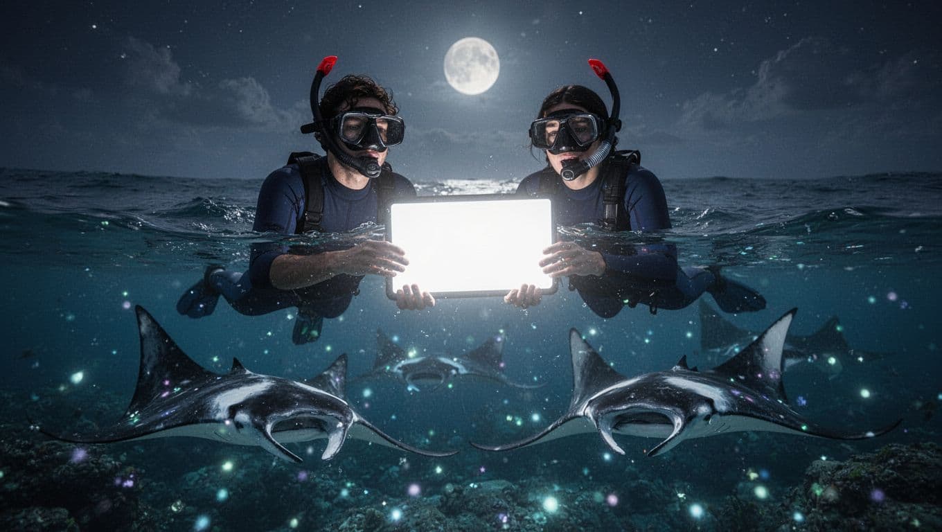 Snorkelers hold a lighted board while manta rays glide through the dark water below them.