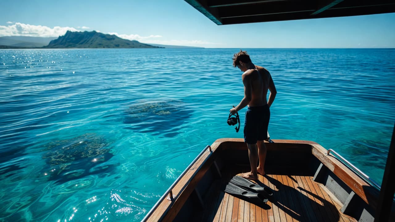 A person stands at the edge of a wooden boat deck, gazing out toward the expansive turquoise tropical sea. Vibrant blue water shimmers under bright light, signaling a perfect day for snorkeling.