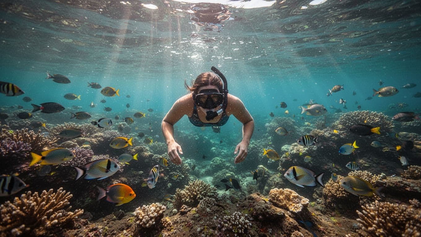 A snorkeler explores the clear turquoise water above a vibrant coral reef filled with colorful tropical fish.