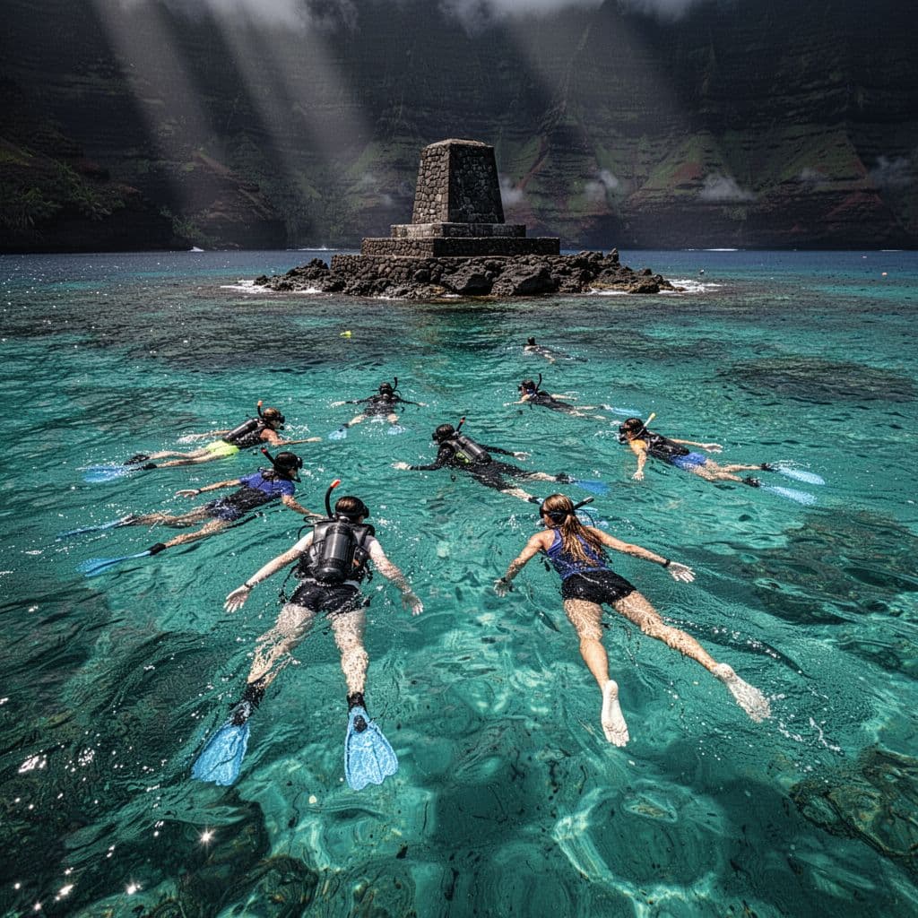 Sunlight illuminates turquoise waters where a group of snorkelers explores the reef near the shore. In the far distance, the historic Captain Cook monument stands prominently against the tropical coastline scenery.