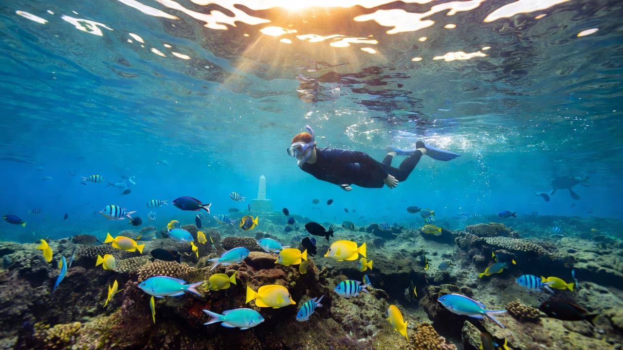 A person swims through clear turquoise waters near a jagged volcanic reef while vibrant tropical fish dart around them. Sunlight rays pierce the surface, illuminating the bustling marine ecosystem below.